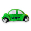 Green plush toy car with personalised details